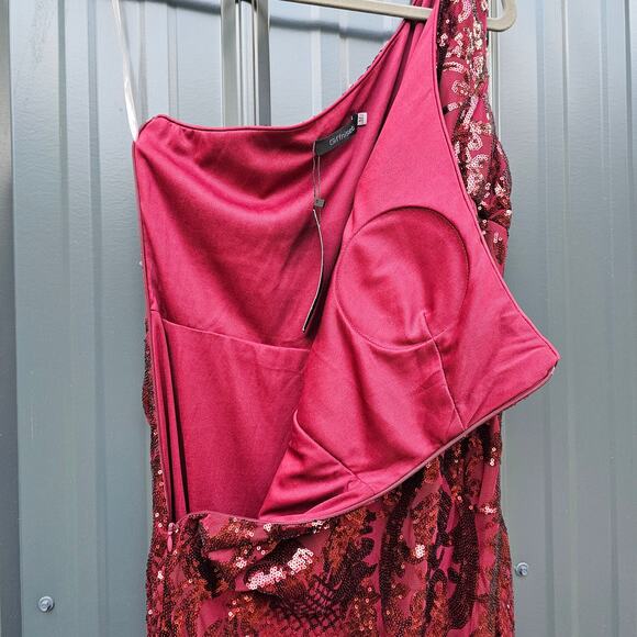 One Shoulder Formal Gown Size Medium Dark Red Sequins Flared Bottom Maxi Dress - Picture 6 of 8